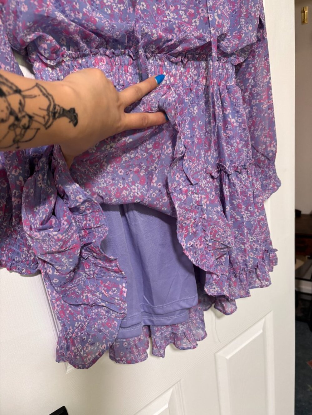 Floral Long Sleeve Ruffle Mini Dress | Lavender Bohemian Dress (Large) - Picture 6 of 10